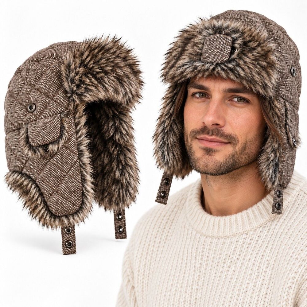 Dockers Brown Tweed Trapper Hat Faux Fur Ear Flap Winter Aviator Cap